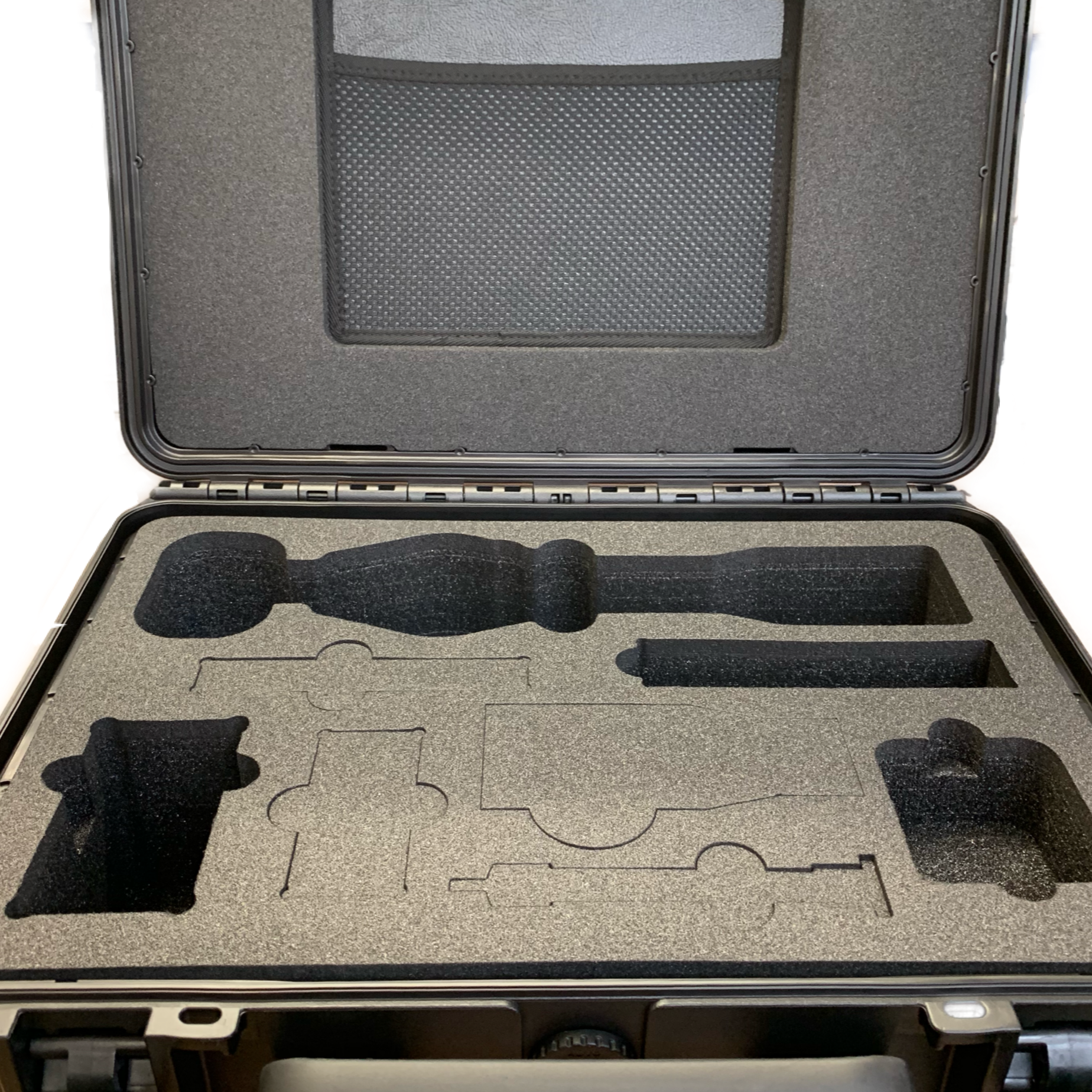 case with bespoke cut foam insert with various layers, pocket in the lid of the case.